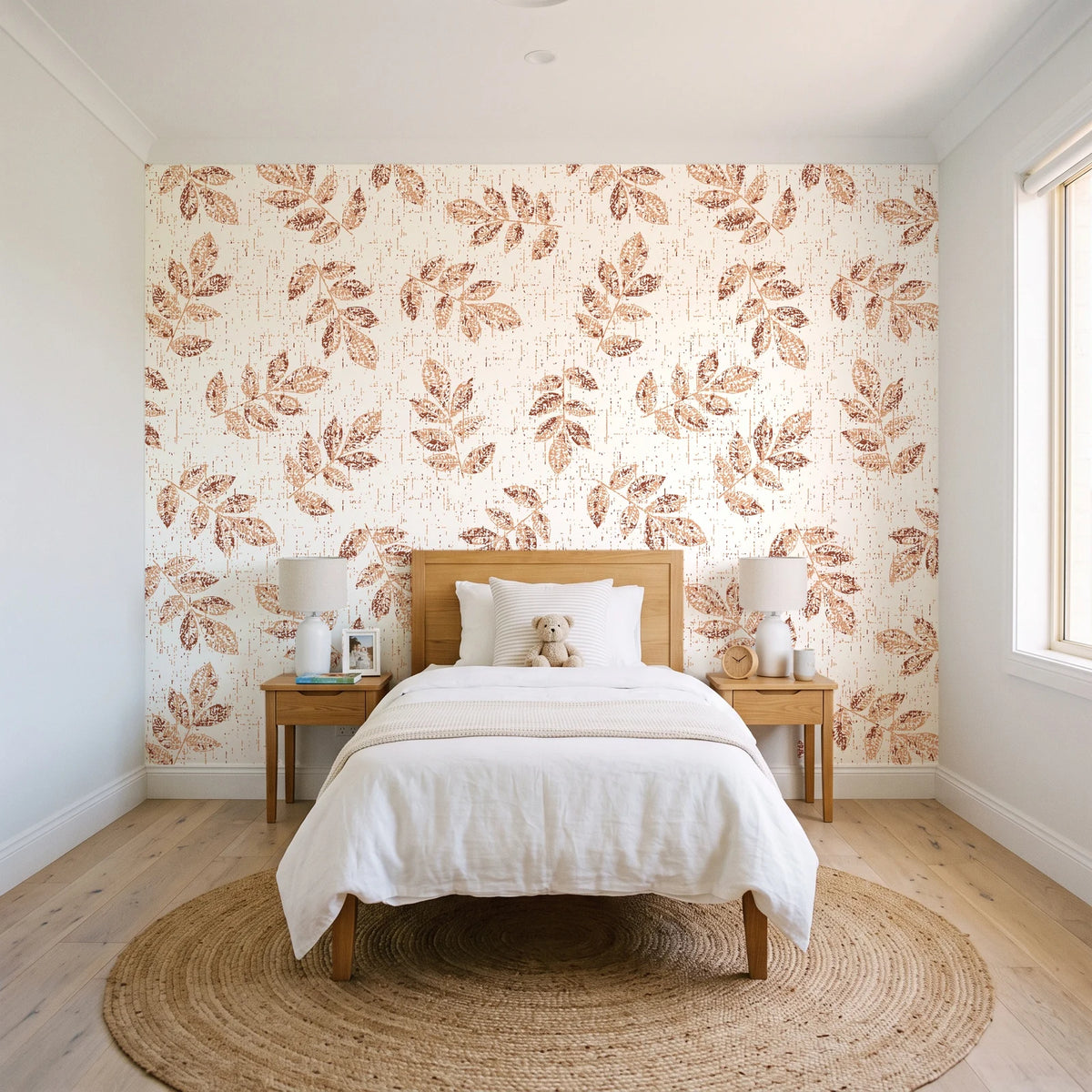Verdant Scatter Terracotta tossed leaf wallpaper in a bright, cheerful child's bedroom