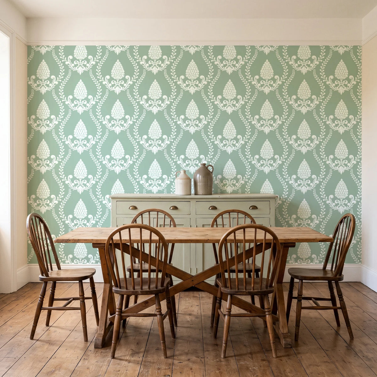 Victorian Vineage Celadon vine damask wallpaper in a farmhouse dining room with a sage sideboard and rustic trestle table
