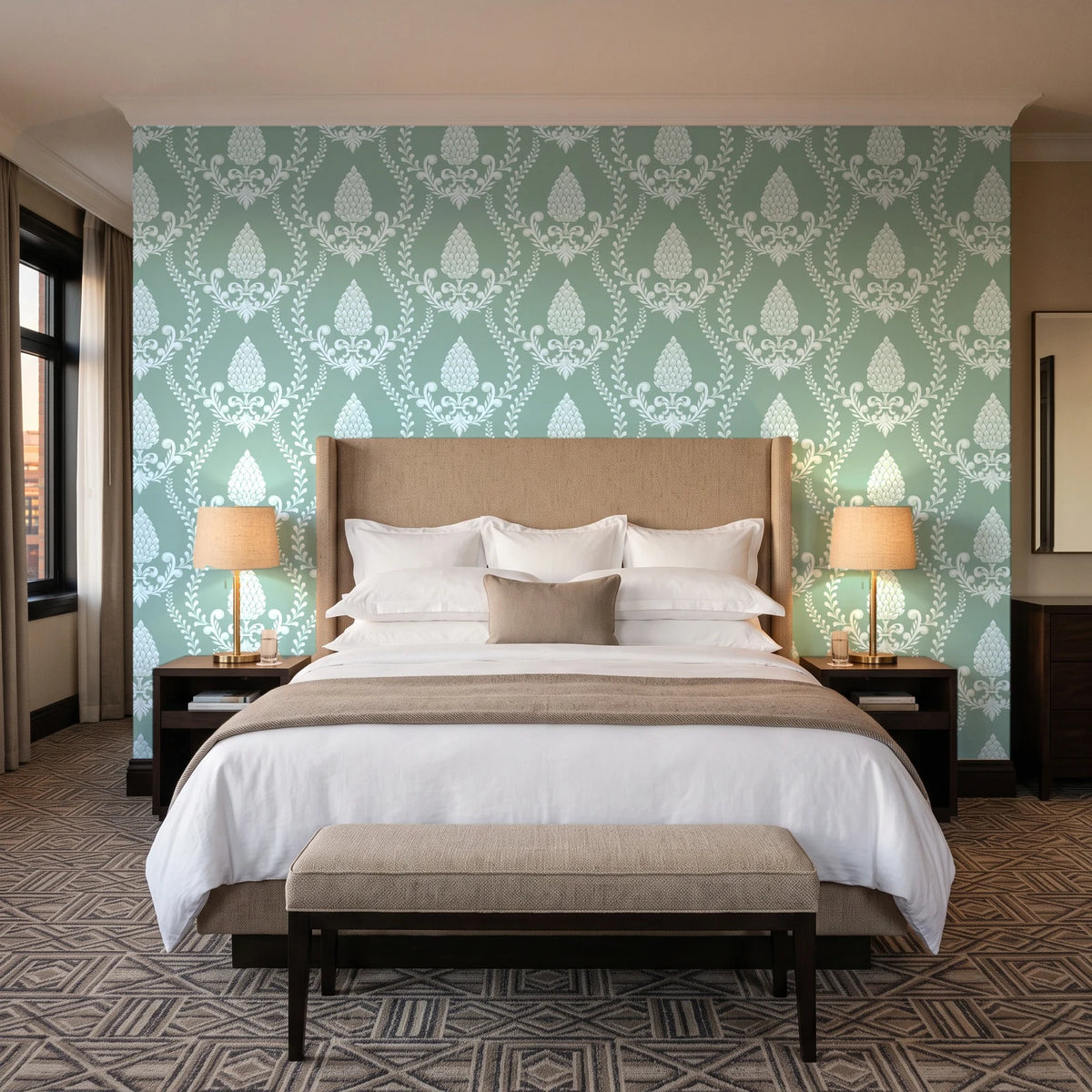 Victorian Vineage Celadon vine damask wallpaper behind the headboard of a king bed in a contemporary hotel guest room