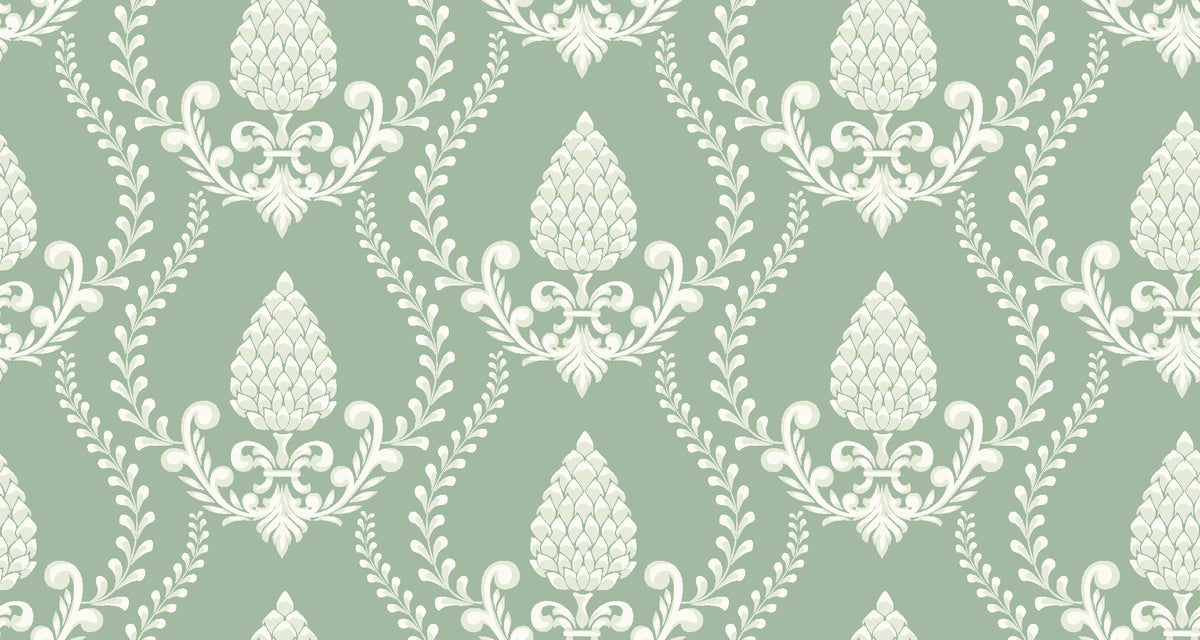 Victorian Vineage Celadon vine damask wallpaper in celadon and white