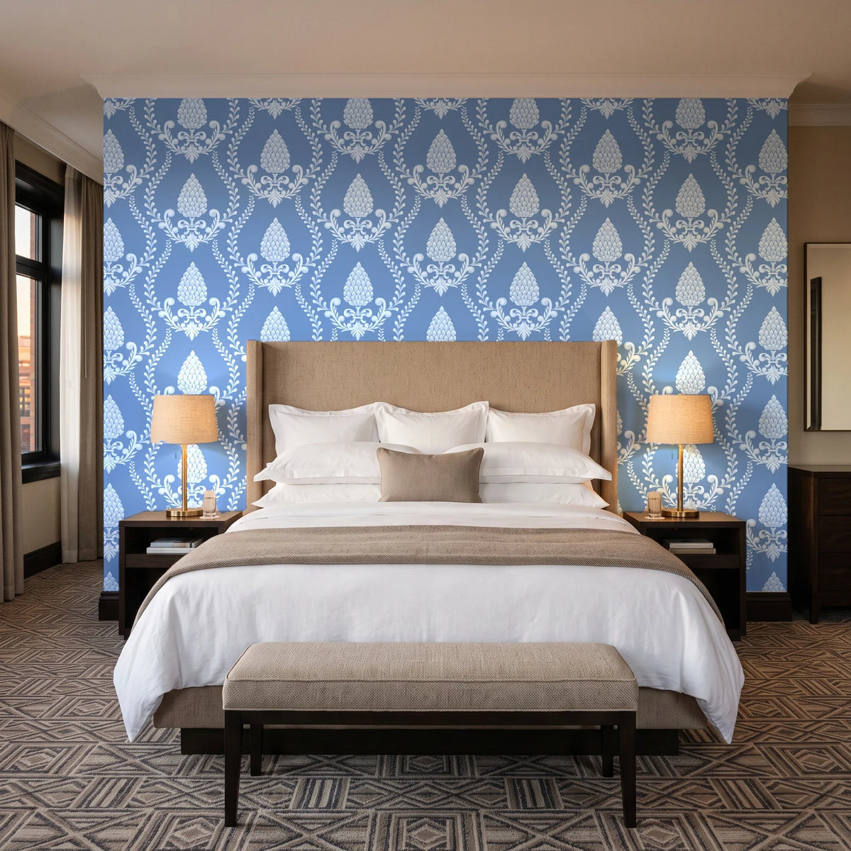 Victorian Vineage Delft vine damask wallpaper behind the headboard of a king bed in a contemporary hotel guest room