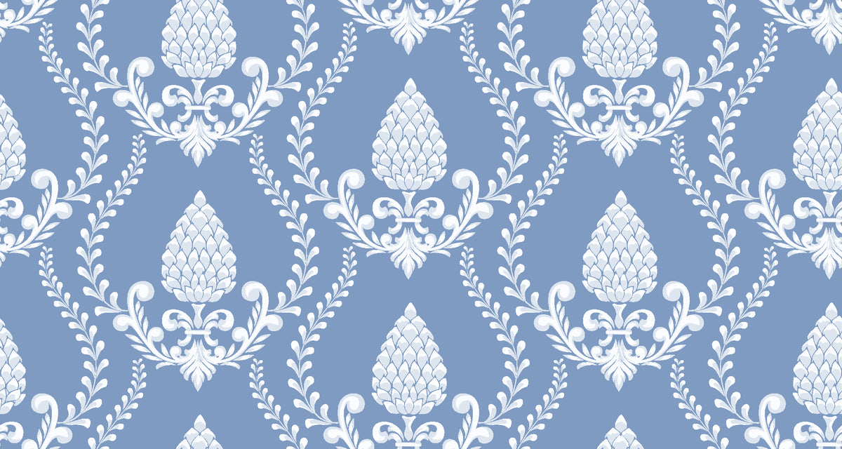 Victorian Vineage Delft vine damask wallpaper in delft blue and white