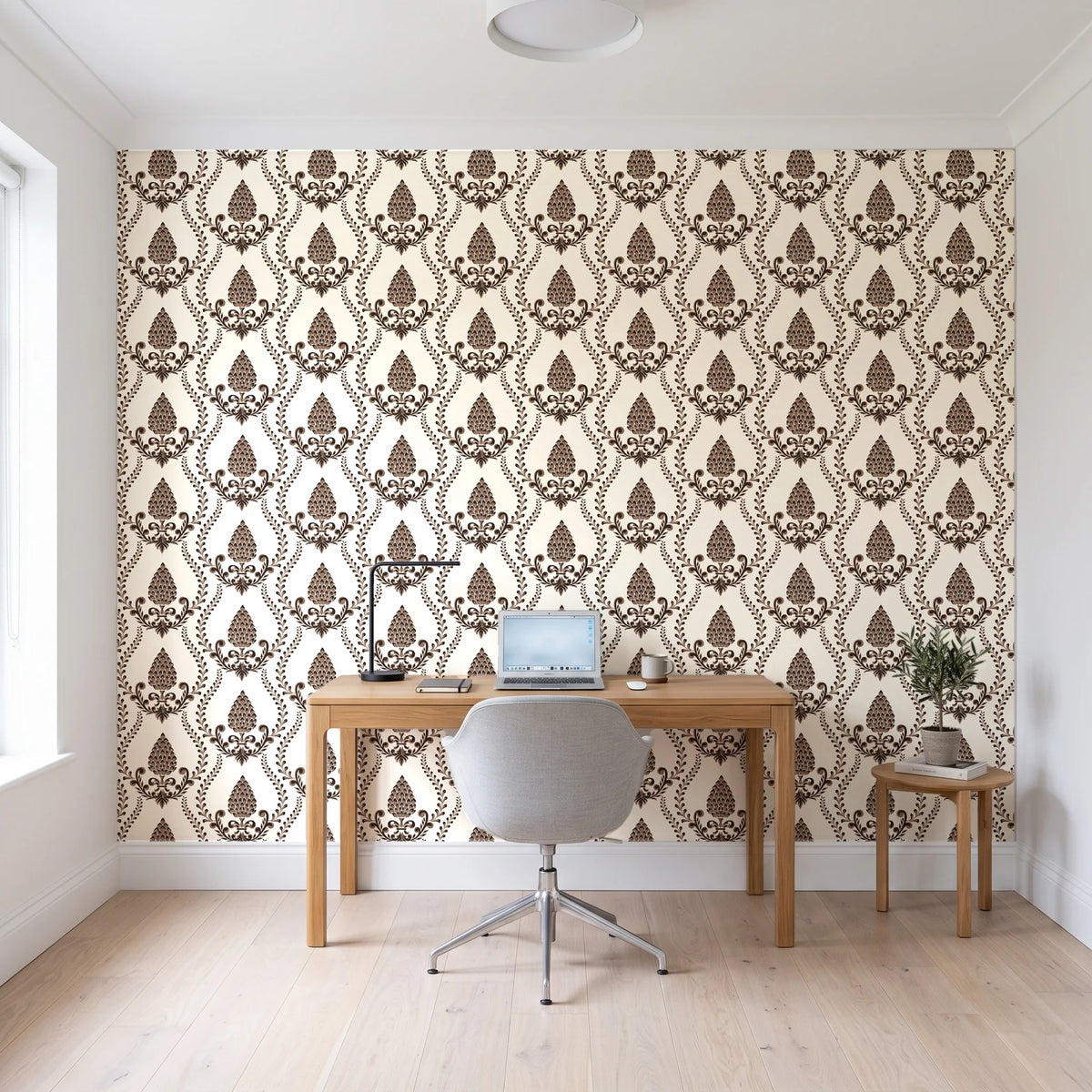 Victorian Vineage Espresso vine damask wallpaper behind a modern oak desk in a bright home office