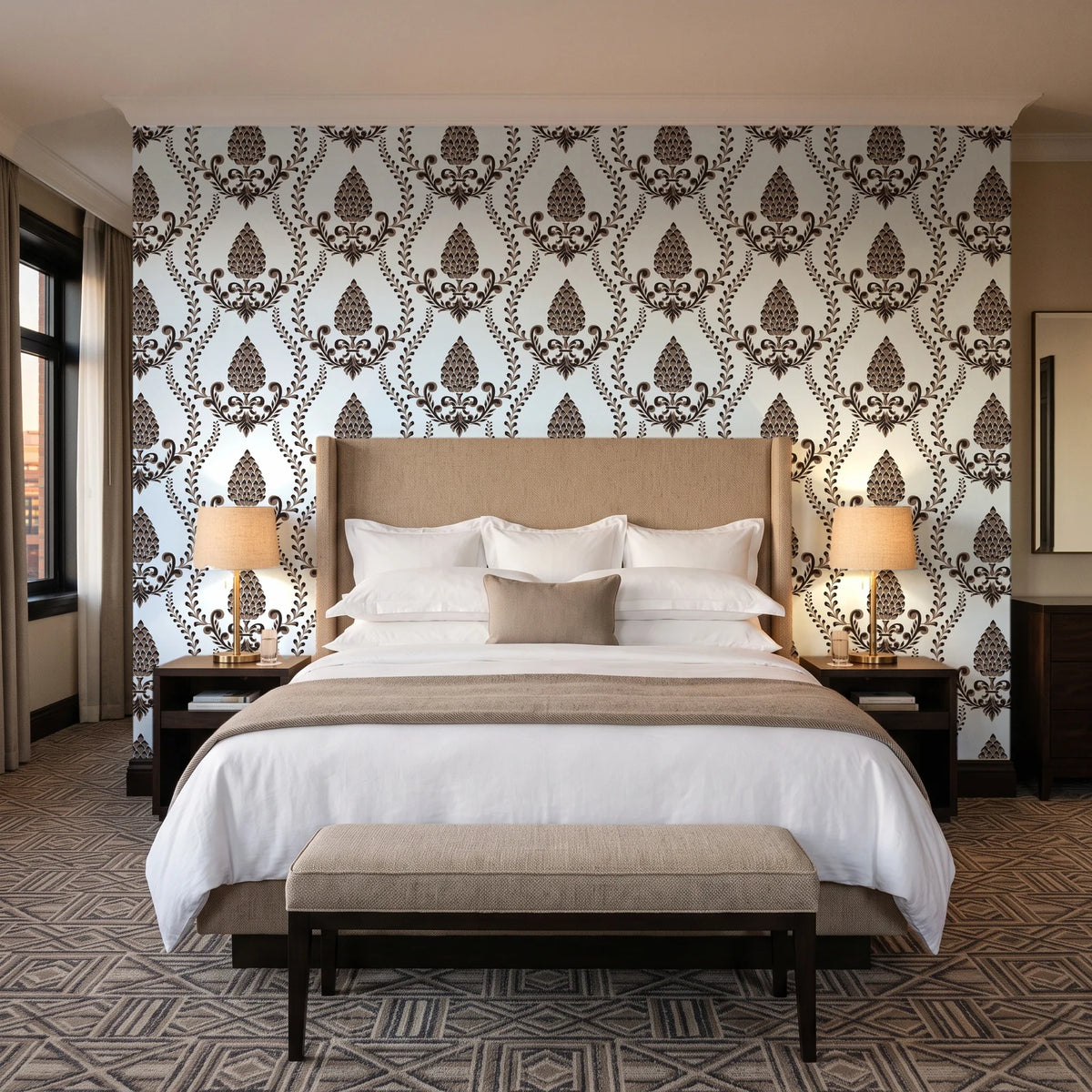 Victorian Vineage Espresso vine damask wallpaper behind the headboard of a king bed in a contemporary hotel guest room