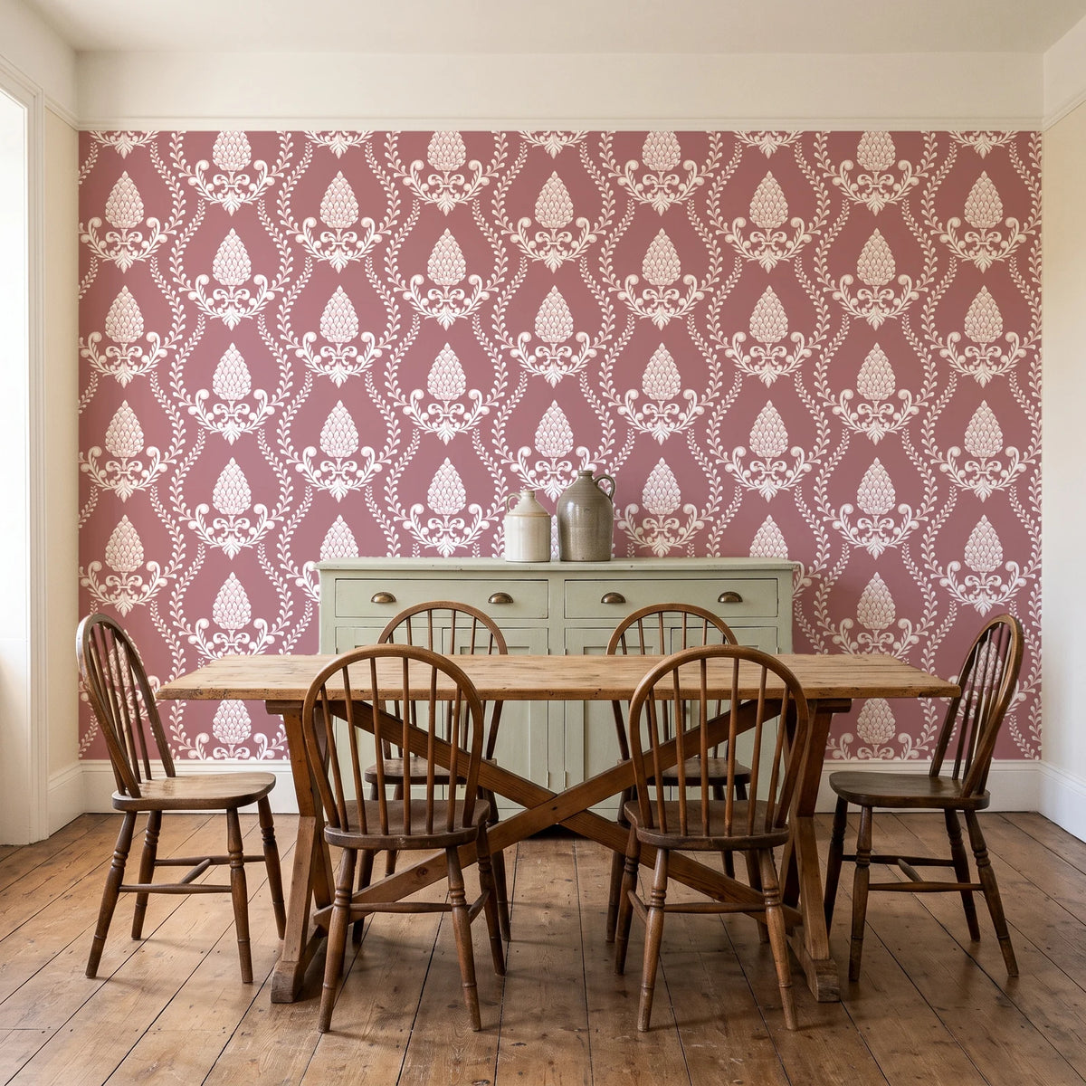 Victorian Vineage Rosewood vine damask wallpaper in a farmhouse dining room with a sage sideboard and rustic trestle table