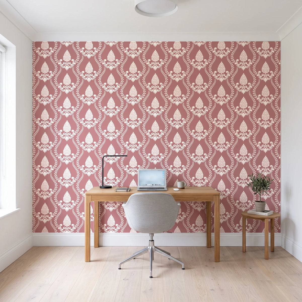 Victorian Vineage Rosewood vine damask wallpaper behind a modern oak desk in a bright home office