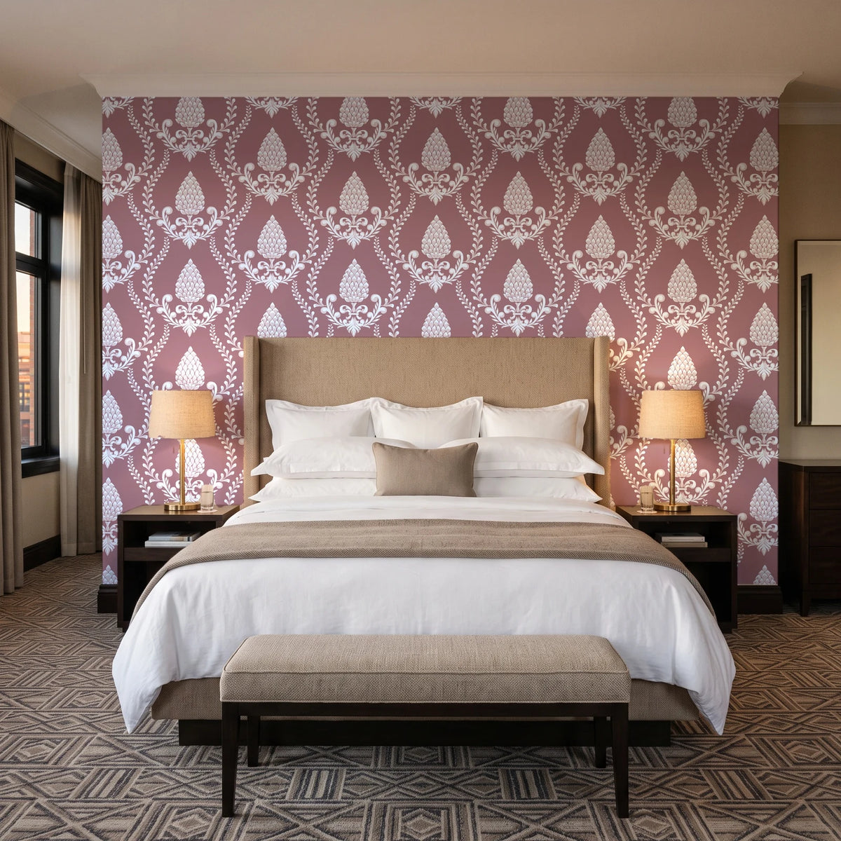 Victorian Vineage Rosewood vine damask wallpaper behind the headboard of a king bed in a contemporary hotel guest room