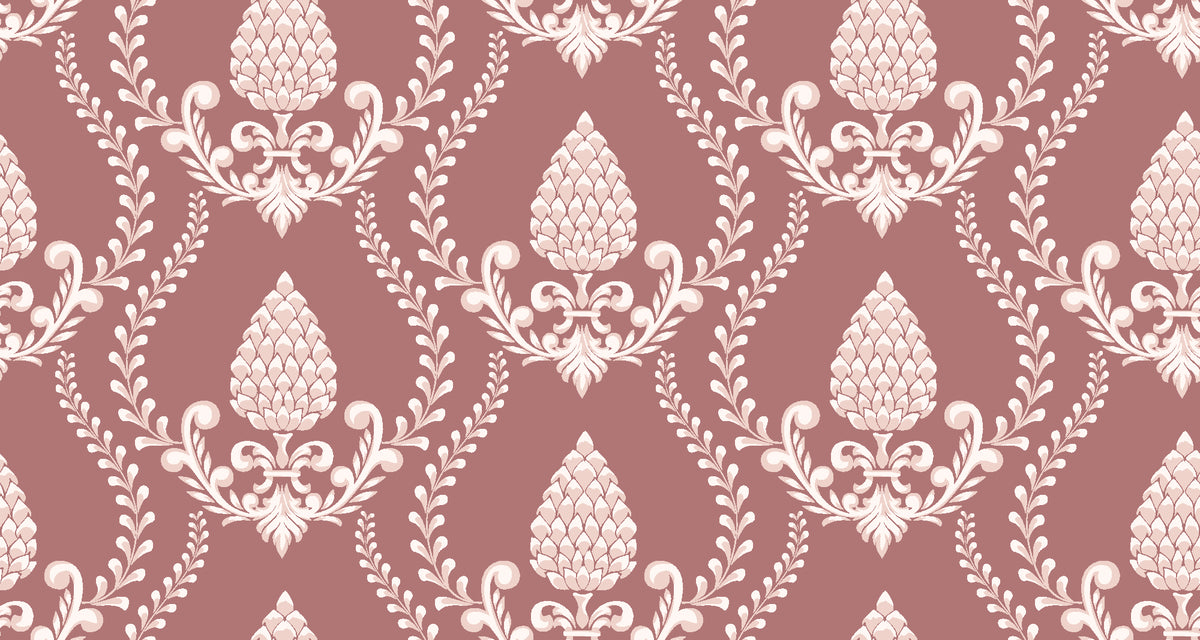 Victorian Vineage Rosewood vine damask wallpaper in rosewood and blush