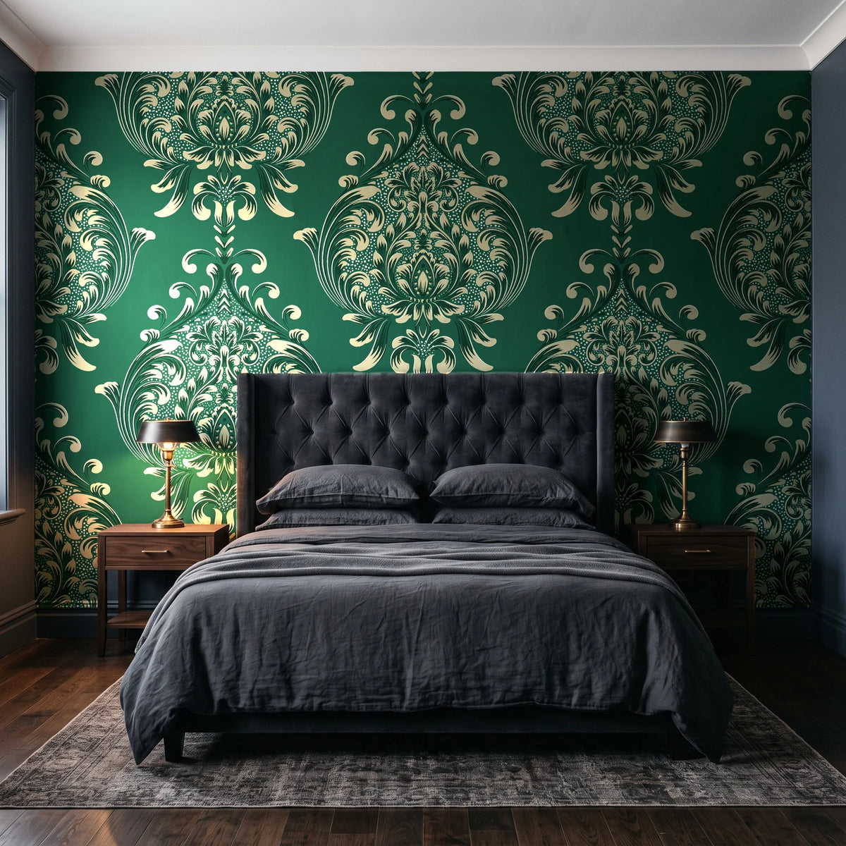 Vintage Eden Emerald damask wallpaper behind a tufted headboard in a dark, moody bedroom