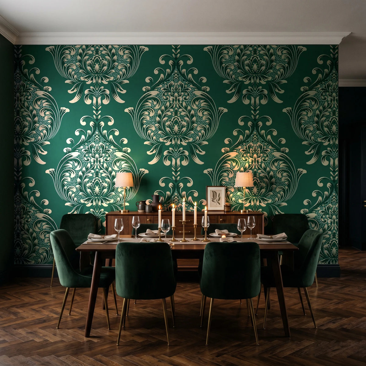 Vintage Eden Emerald damask wallpaper in a dark moody dining room with a candlelit table
