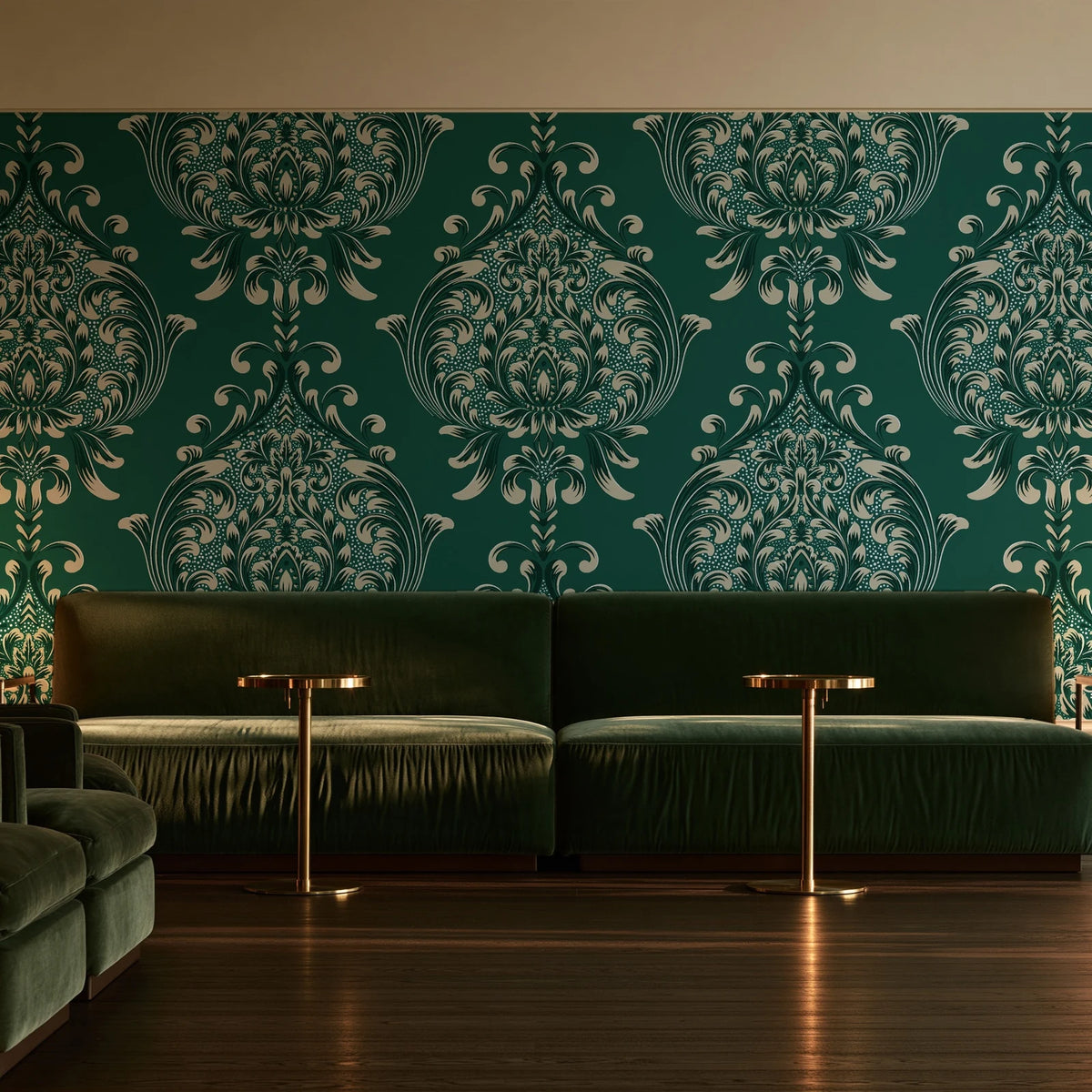 Vintage Eden Emerald damask wallpaper in an intimate luxury cocktail lounge