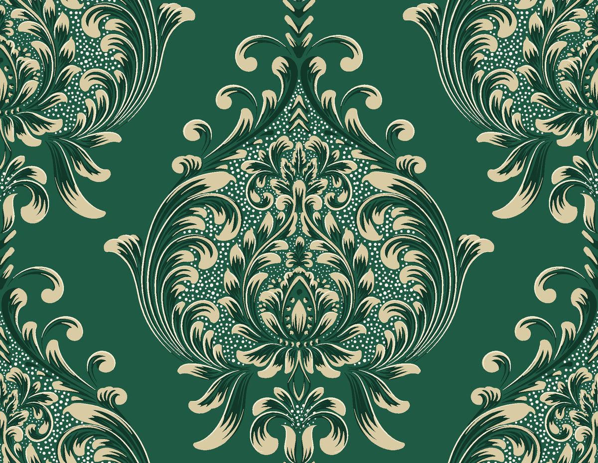 Vintage Eden Emerald damask wallpaper in emerald and champagne