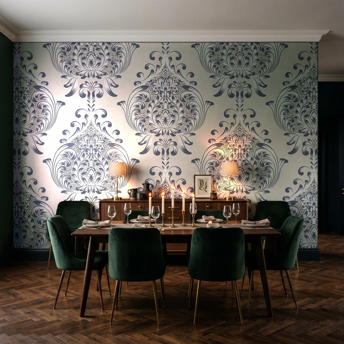 Vintage Eden Ink damask wallpaper in a dark moody dining room with a candlelit table
