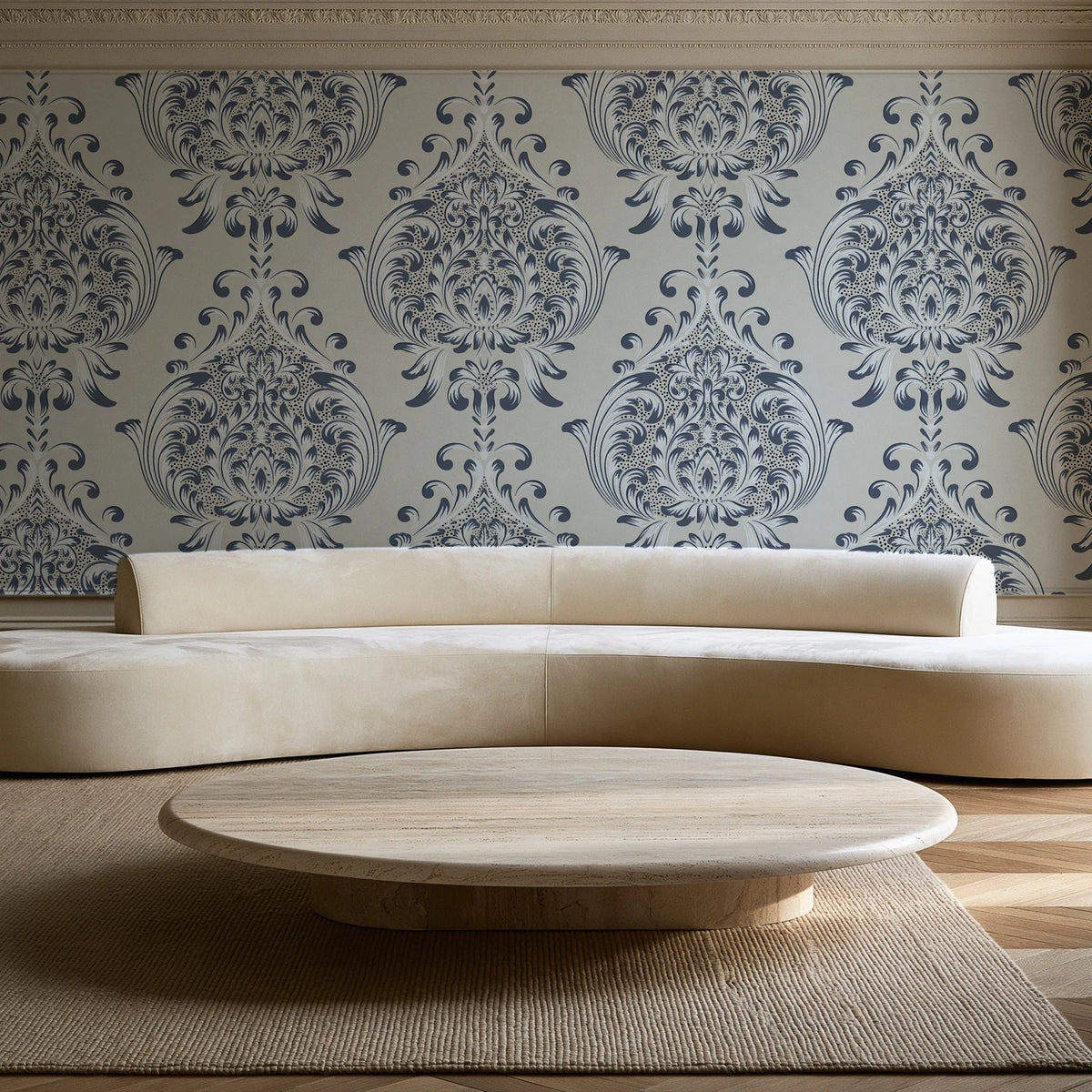 Vintage Eden Ink damask wallpaper in an elegant living room