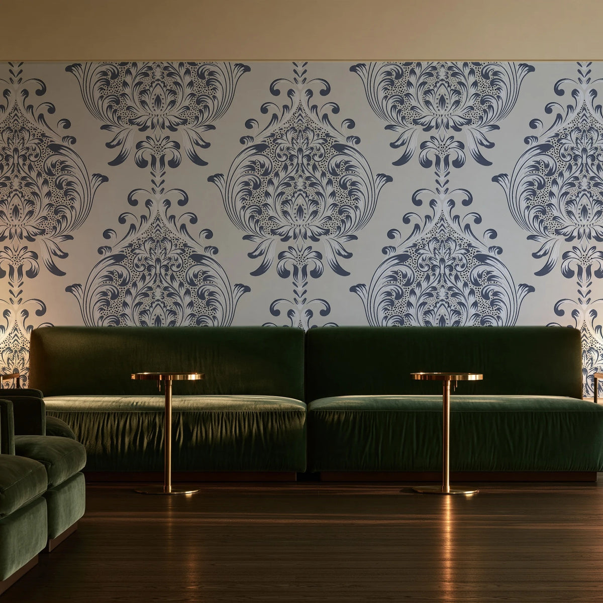 Vintage Eden Ink damask wallpaper in an intimate luxury cocktail lounge