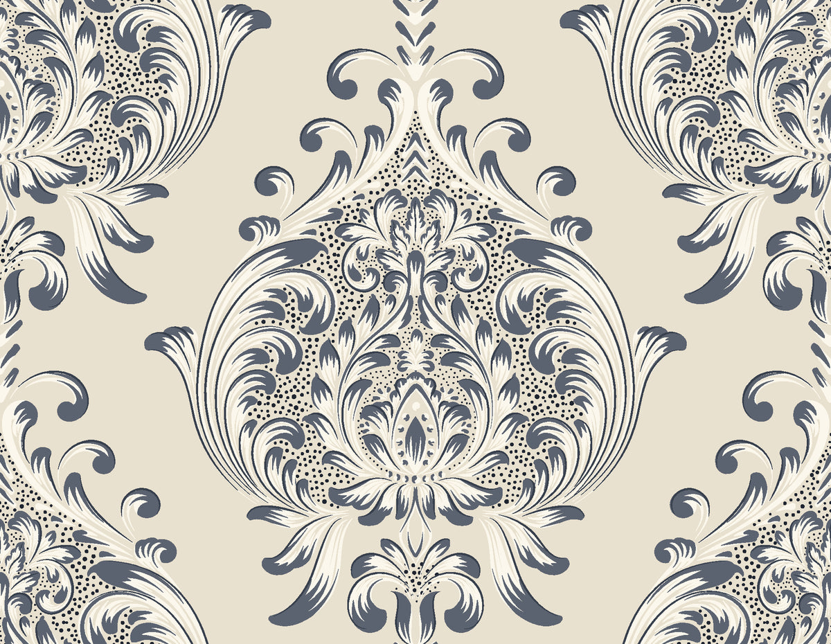 Vintage Eden Ink damask wallpaper in ink and linen