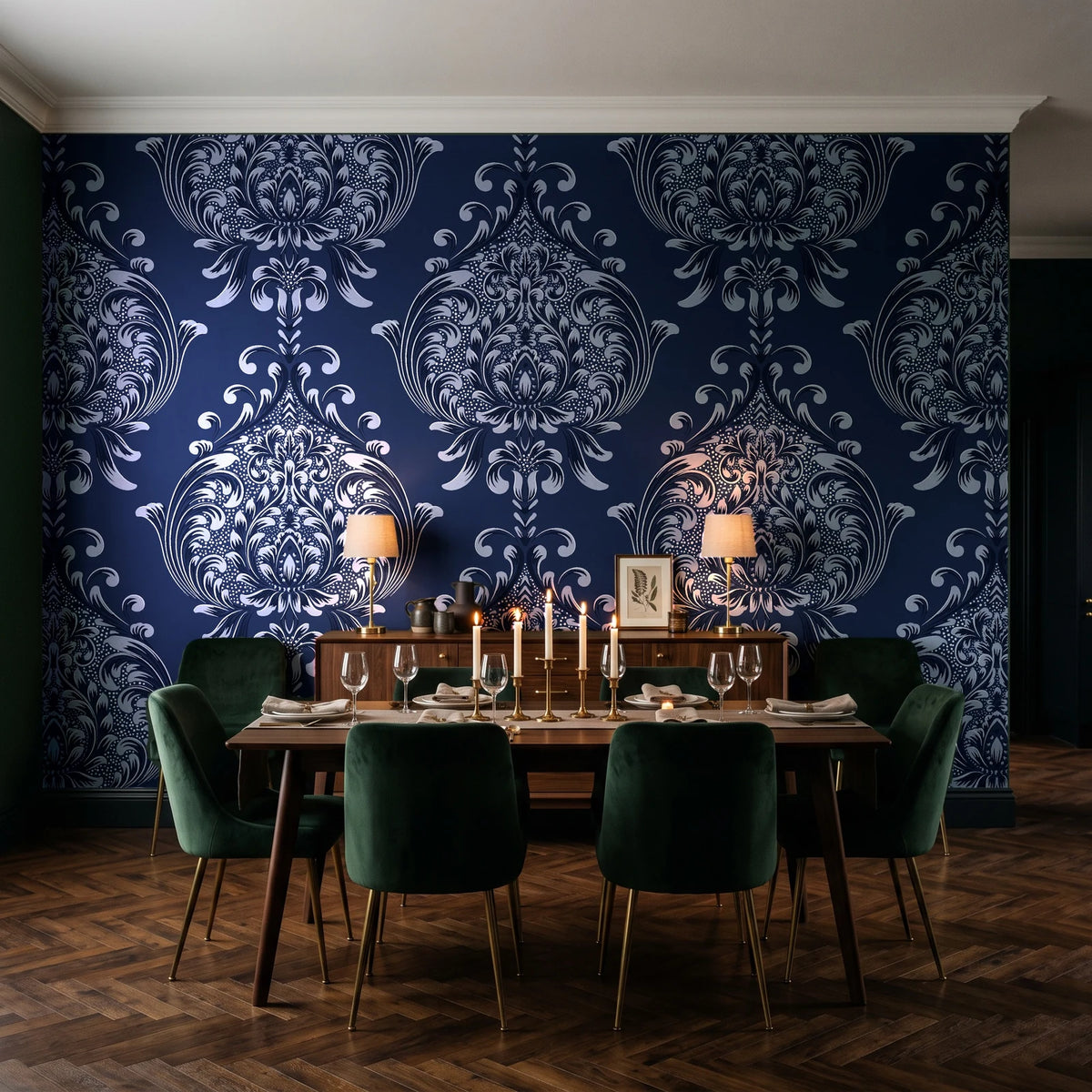 Vintage Eden Midnight damask wallpaper in a dark moody dining room with a candlelit table