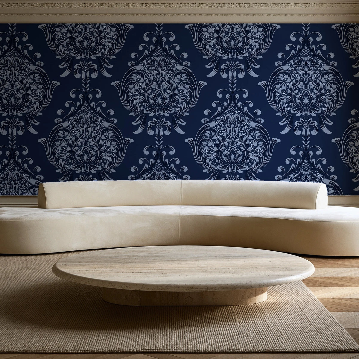 Vintage Eden Midnight damask wallpaper in an elegant living room