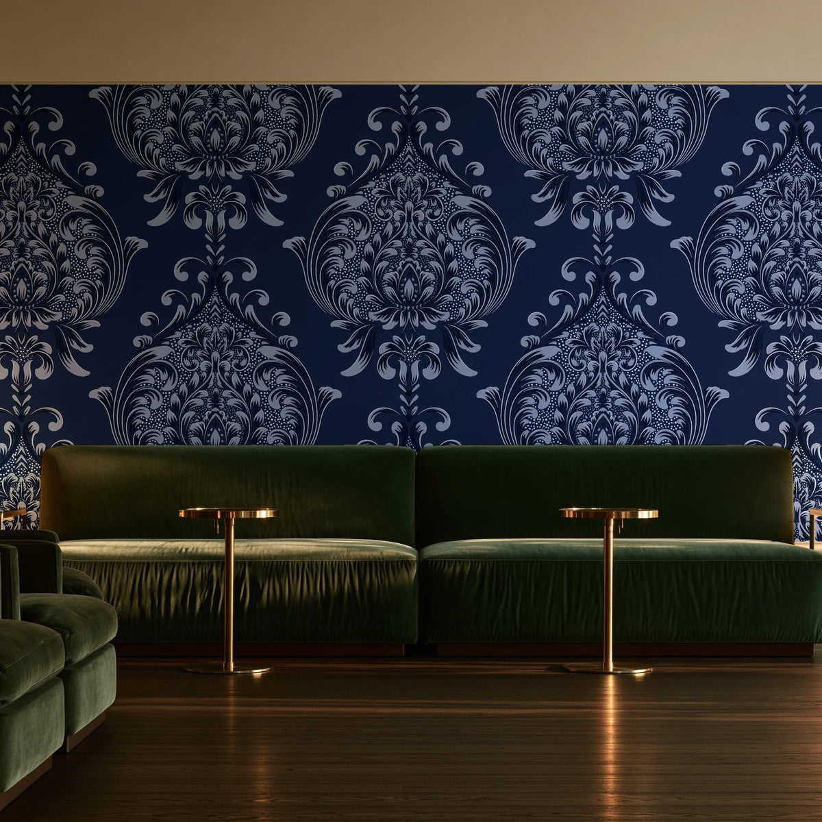 Vintage Eden Midnight damask wallpaper in an intimate luxury cocktail lounge