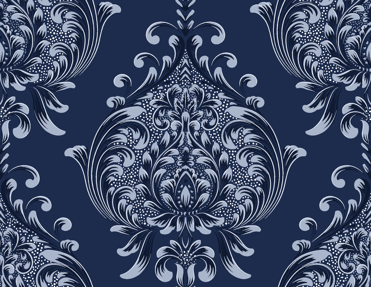 Vintage Eden Midnight damask wallpaper in midnight and silver