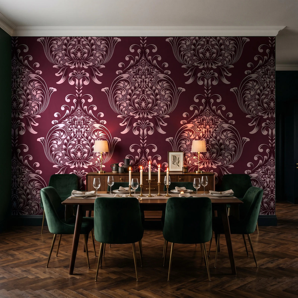 Vintage Eden Oxblood damask wallpaper in a dark moody dining room with a candlelit table