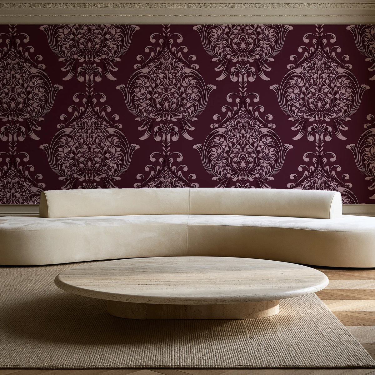 Vintage Eden Oxblood damask wallpaper in an elegant living room