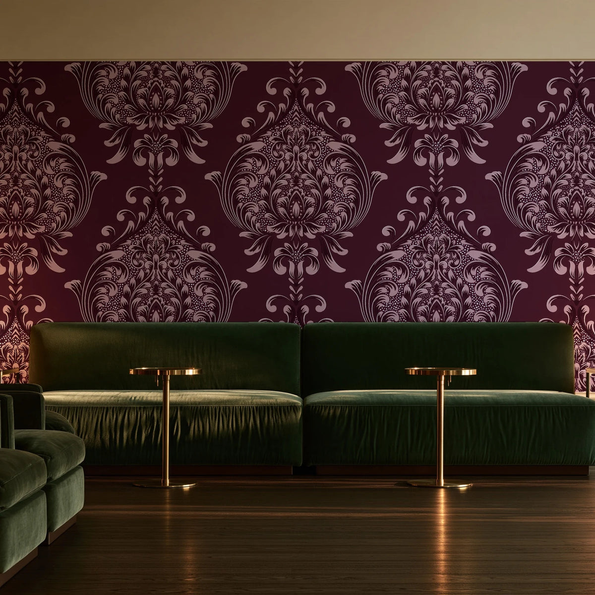Vintage Eden Oxblood damask wallpaper in an intimate luxury cocktail lounge