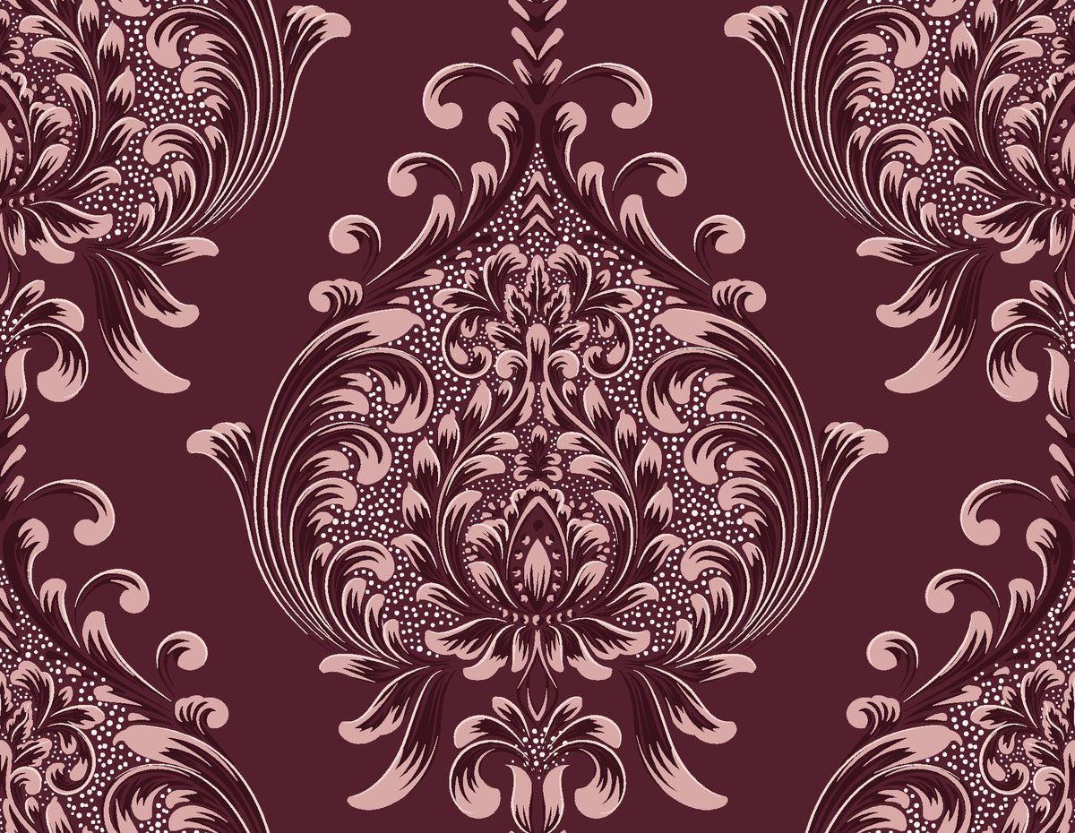 Vintage Eden Oxblood damask wallpaper in oxblood and blush