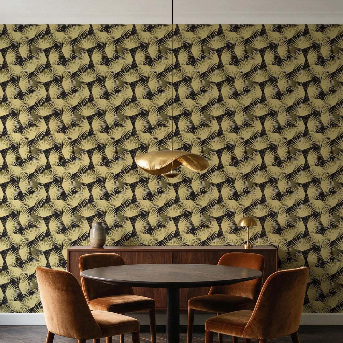 Wild Palm Ebony palm wallpaper behind a walnut credenza and round table in an elegant dining room