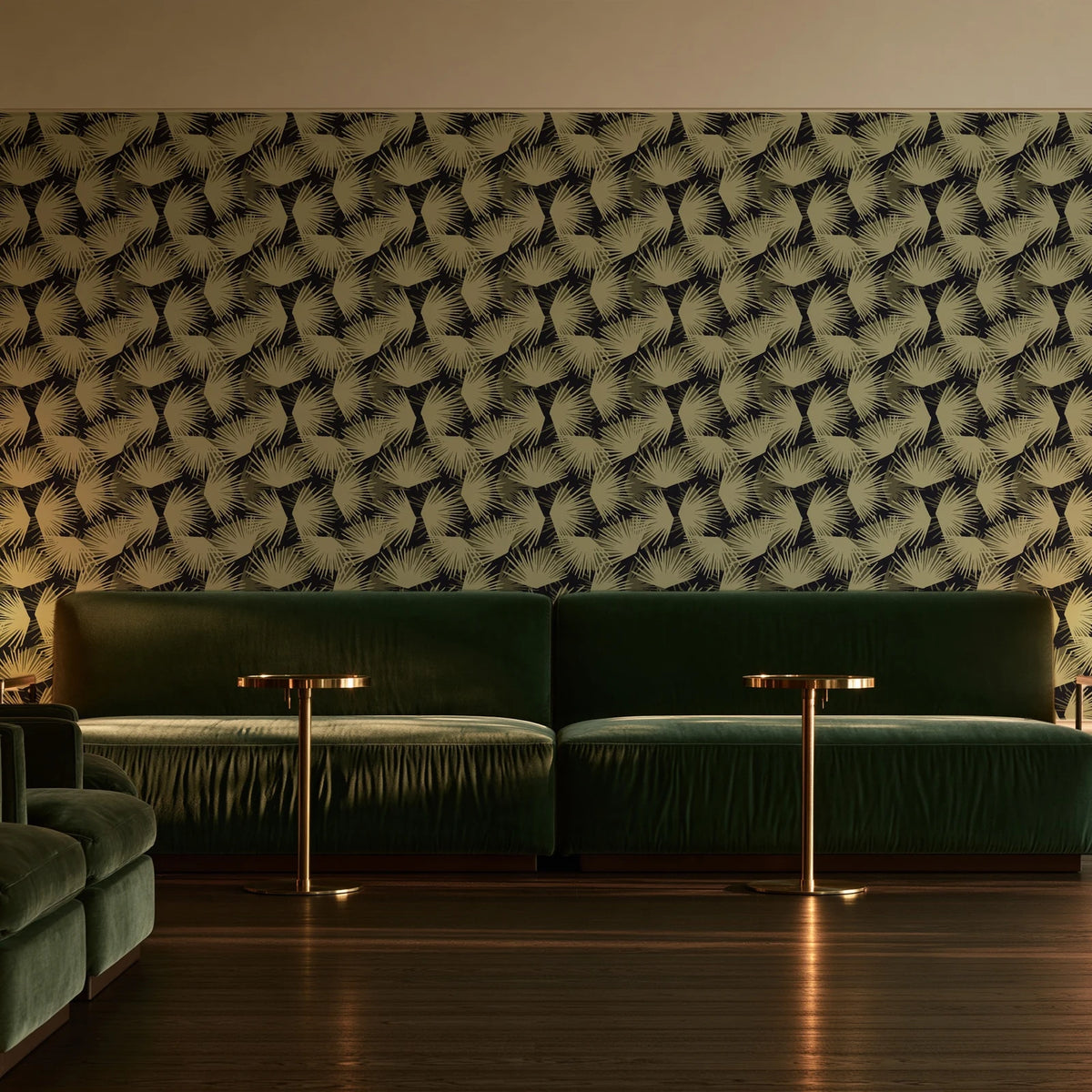 Wild Palm Ebony palm wallpaper in an intimate luxury cocktail lounge