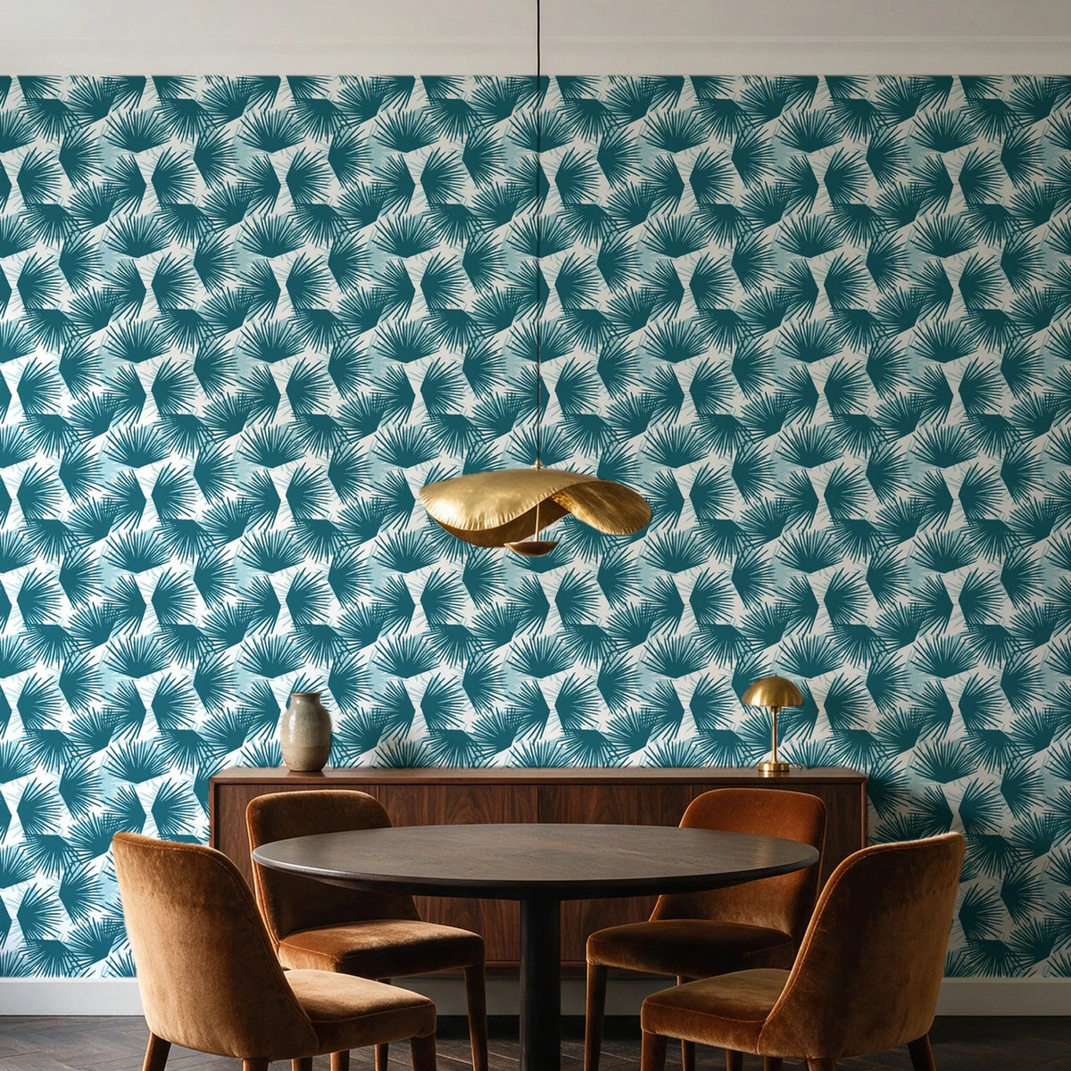 Wild Palm Lagoon palm wallpaper behind a walnut credenza and round table in an elegant dining room