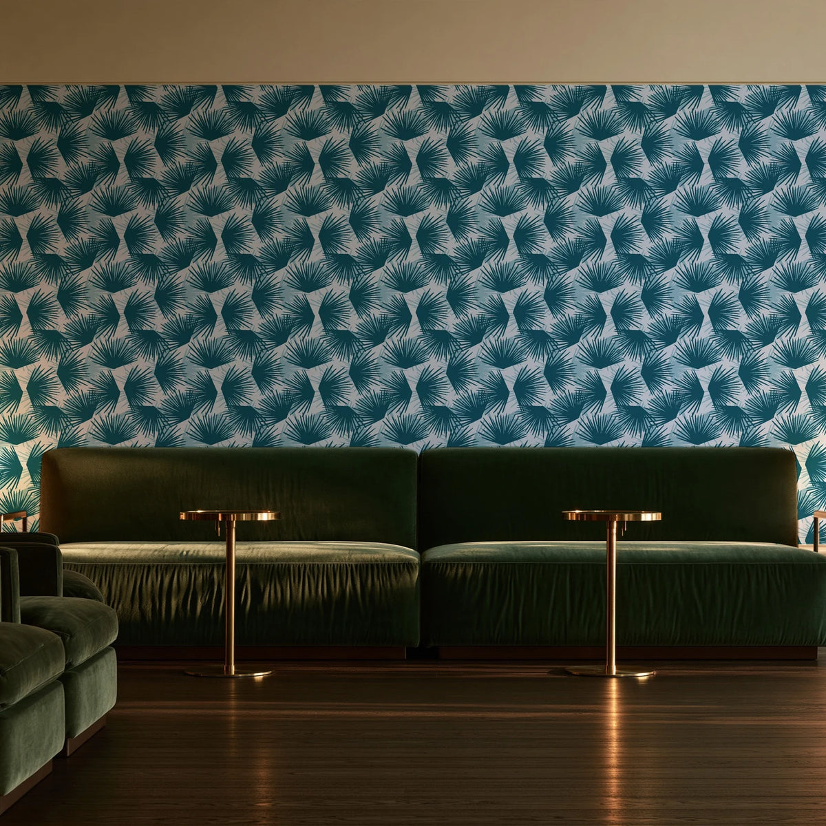 Wild Palm Lagoon palm wallpaper in an intimate luxury cocktail lounge