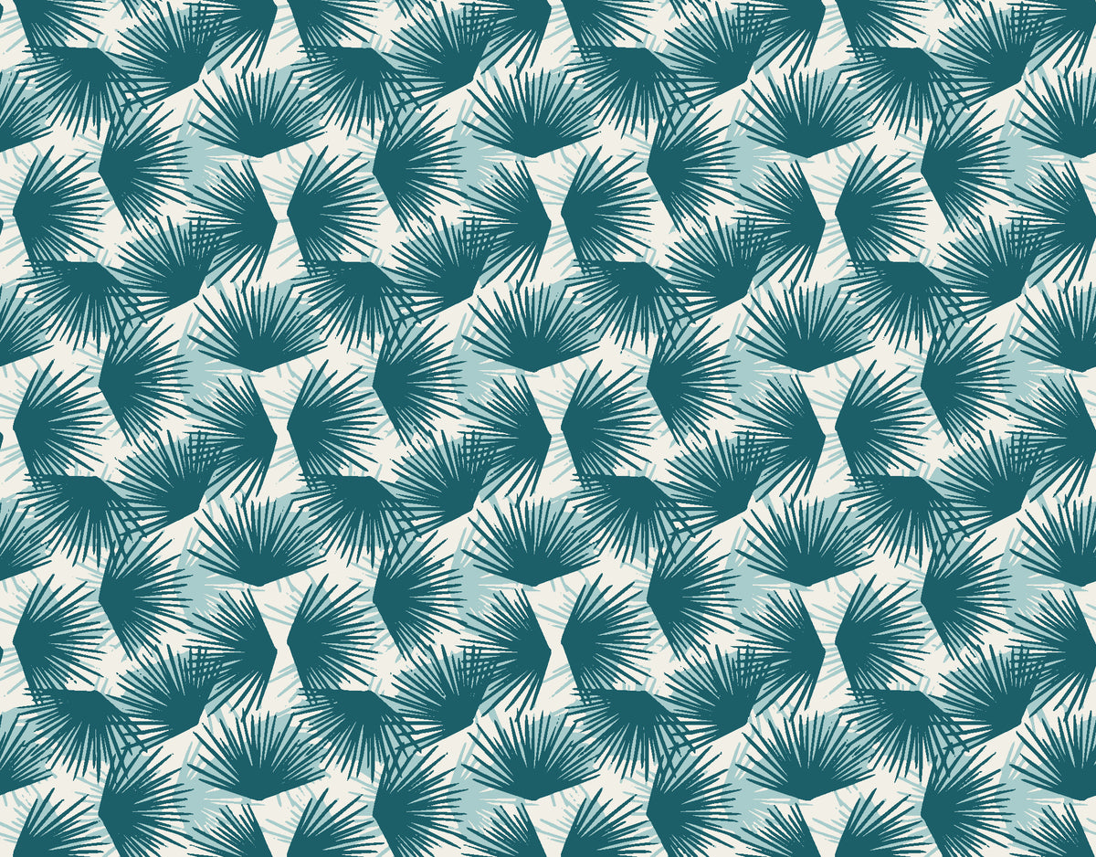 Wild Palm Lagoon palm wallpaper in teal and pearl