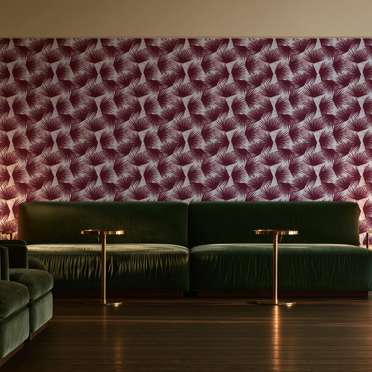 Wild Palm Oxblood palm wallpaper in an intimate luxury cocktail lounge