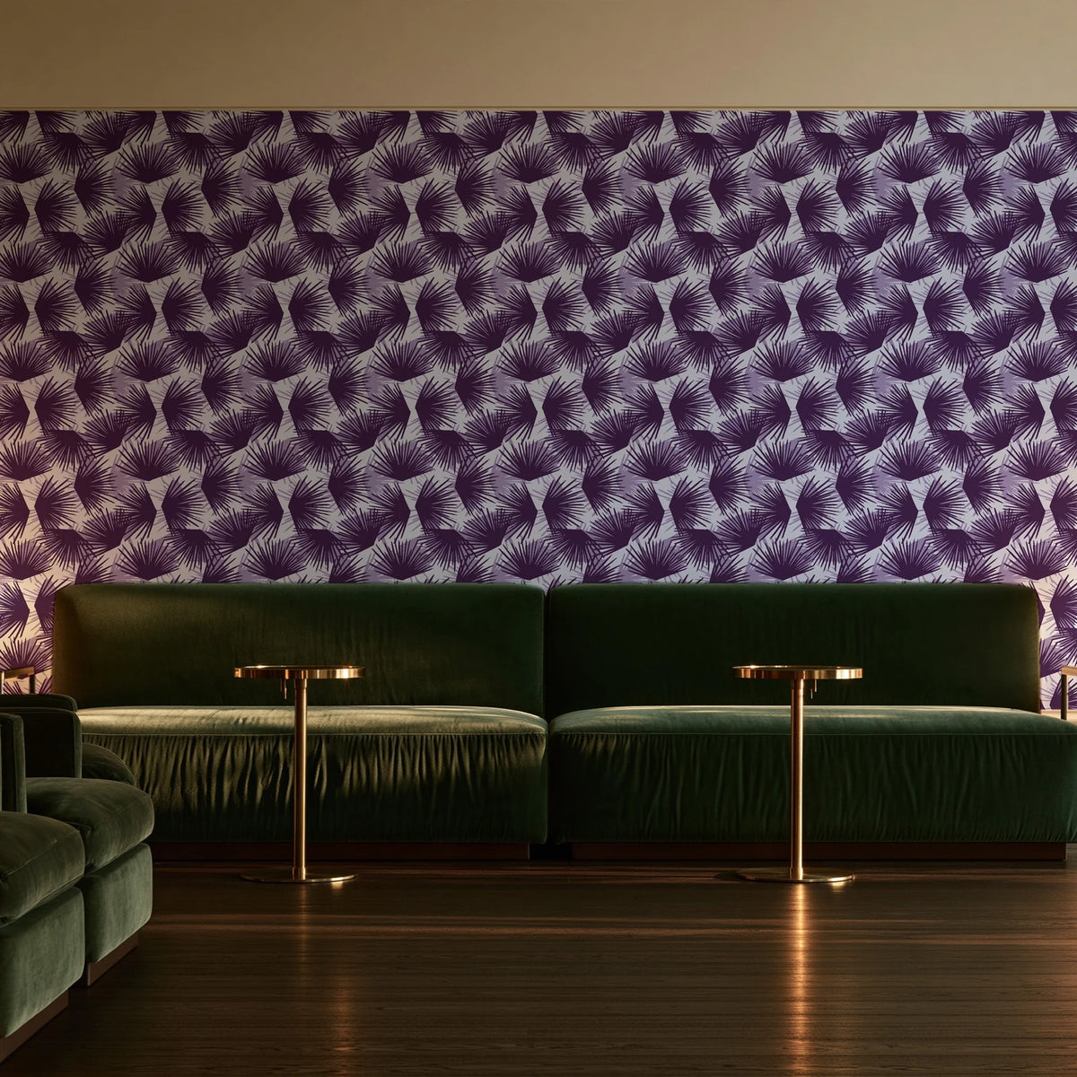 Wild Palm Plum palm wallpaper in an intimate luxury cocktail lounge