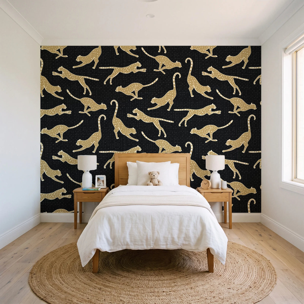 Wild Stride Noir cheetah wallpaper in a bright, cheerful child's bedroom