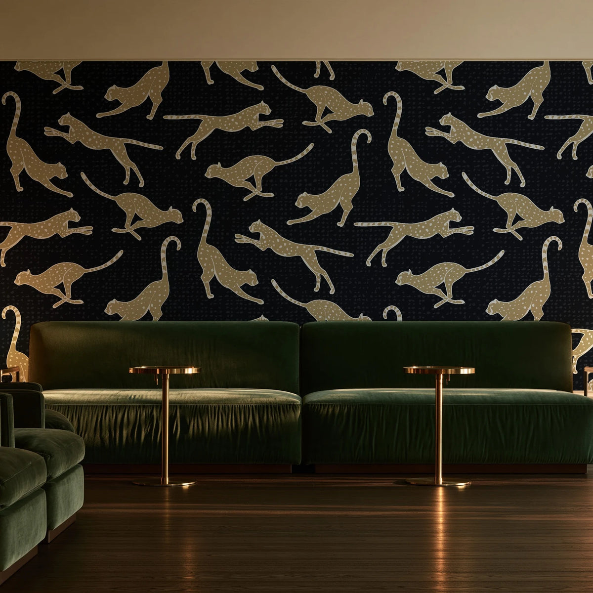 Wild Stride Noir cheetah wallpaper in an intimate luxury cocktail lounge