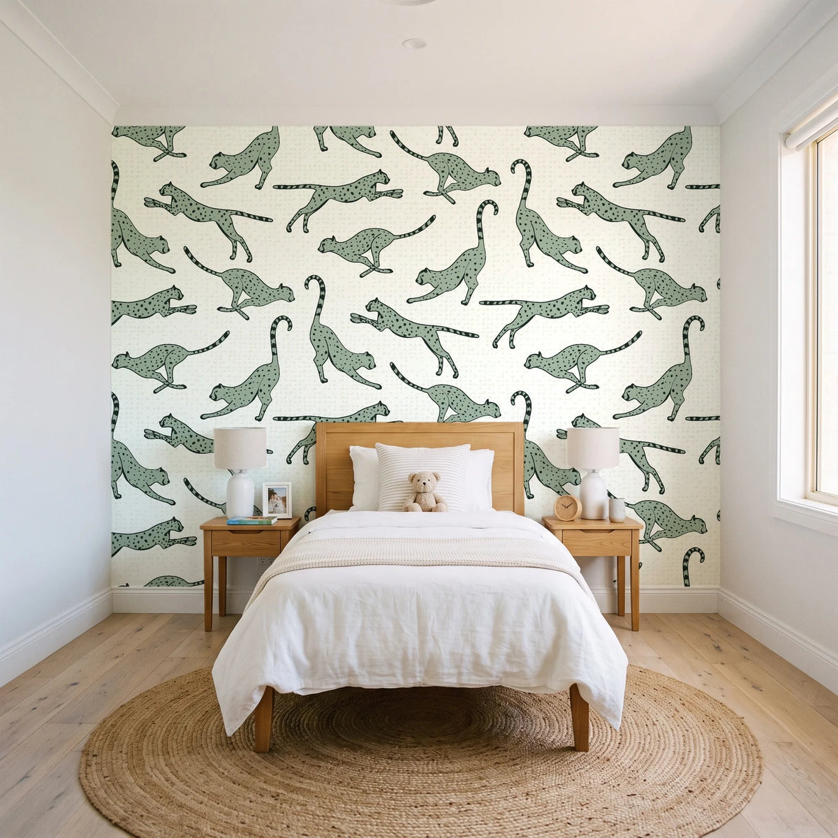 Wild Stride Sage cheetah wallpaper in a bright, cheerful child's bedroom