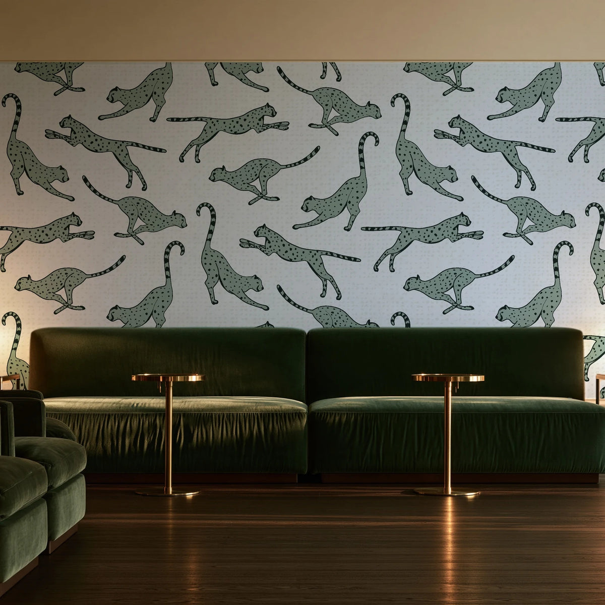 Wild Stride Sage cheetah wallpaper in an intimate luxury cocktail lounge