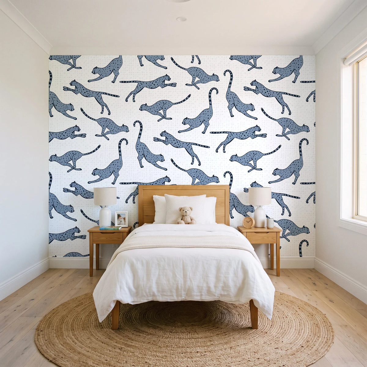 Wild Stride Slate cheetah wallpaper in a bright, cheerful child's bedroom
