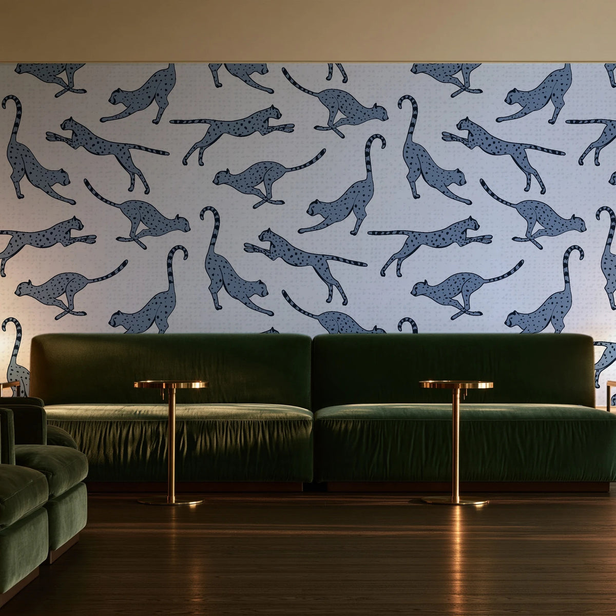 Wild Stride Slate cheetah wallpaper in an intimate luxury cocktail lounge