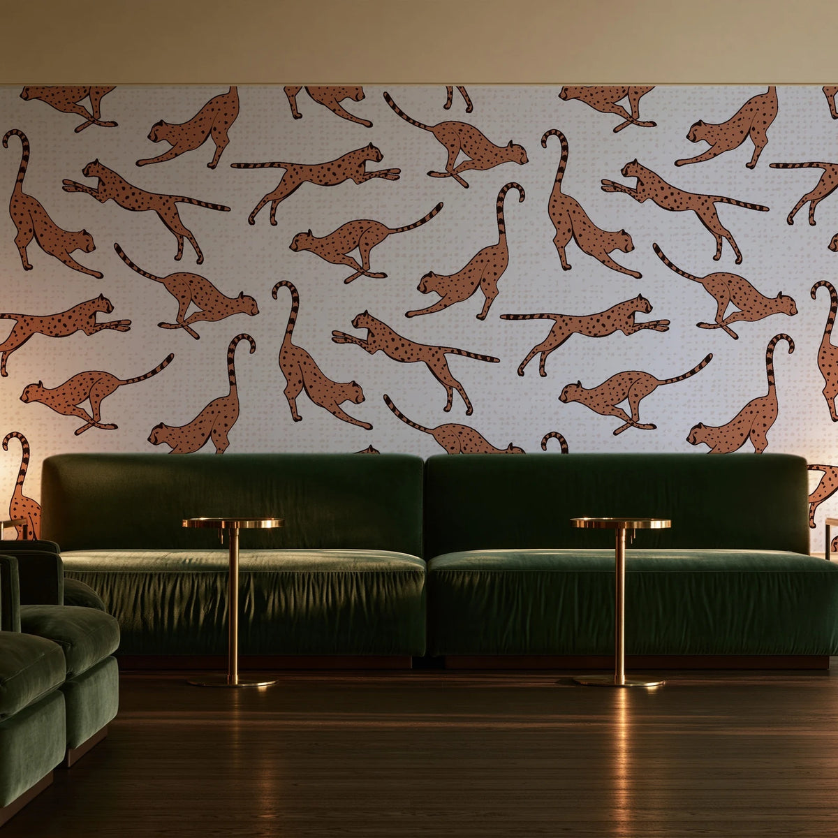 Wild Stride Terracotta cheetah wallpaper in an intimate luxury cocktail lounge