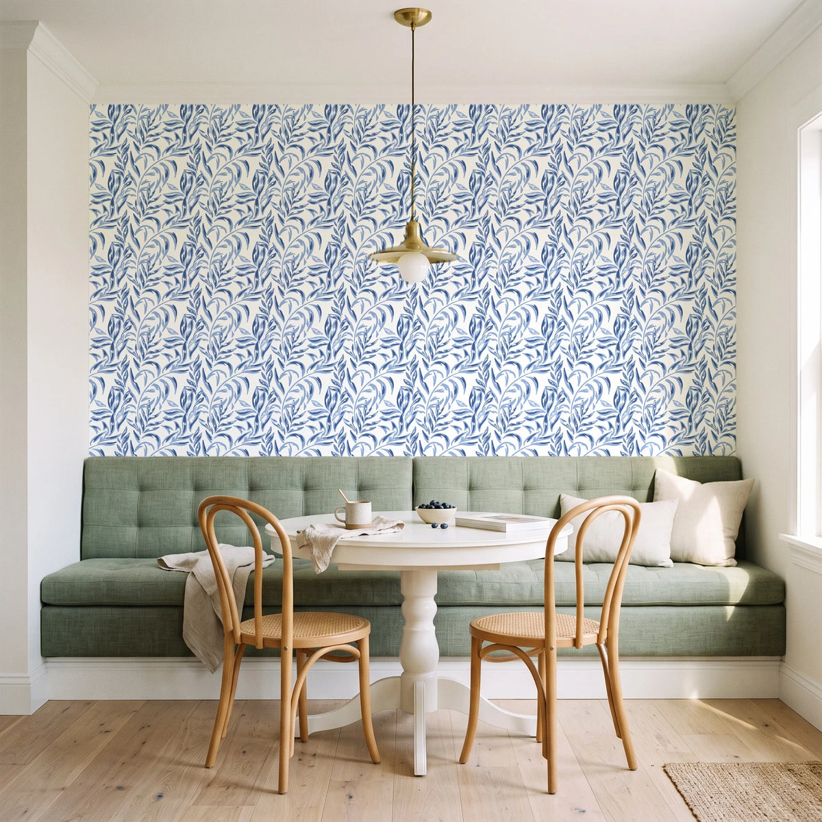 Willow Trace Indigo willow vine wallpaper as a feature wall in a sunlit breakfast nook