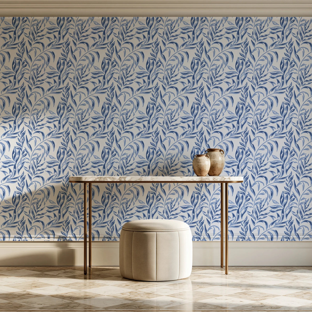 Willow Trace Indigo willow vine wallpaper on the wall of a grand entry foyer