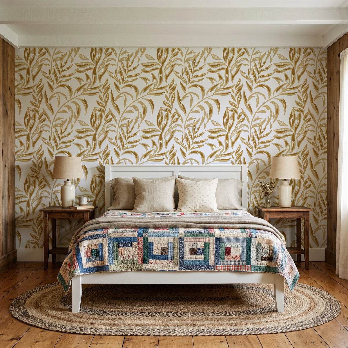 Willow Trace Ochre willow vine wallpaper behind a white cottage bed with a patchwork quilt in a cozy cottagecore bedroom