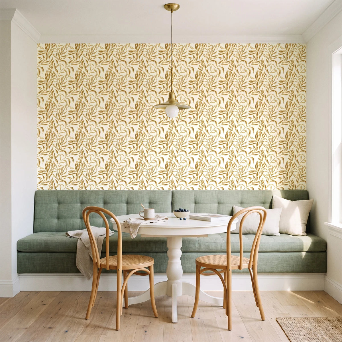 Willow Trace Ochre willow vine wallpaper as a feature wall in a sunlit breakfast nook