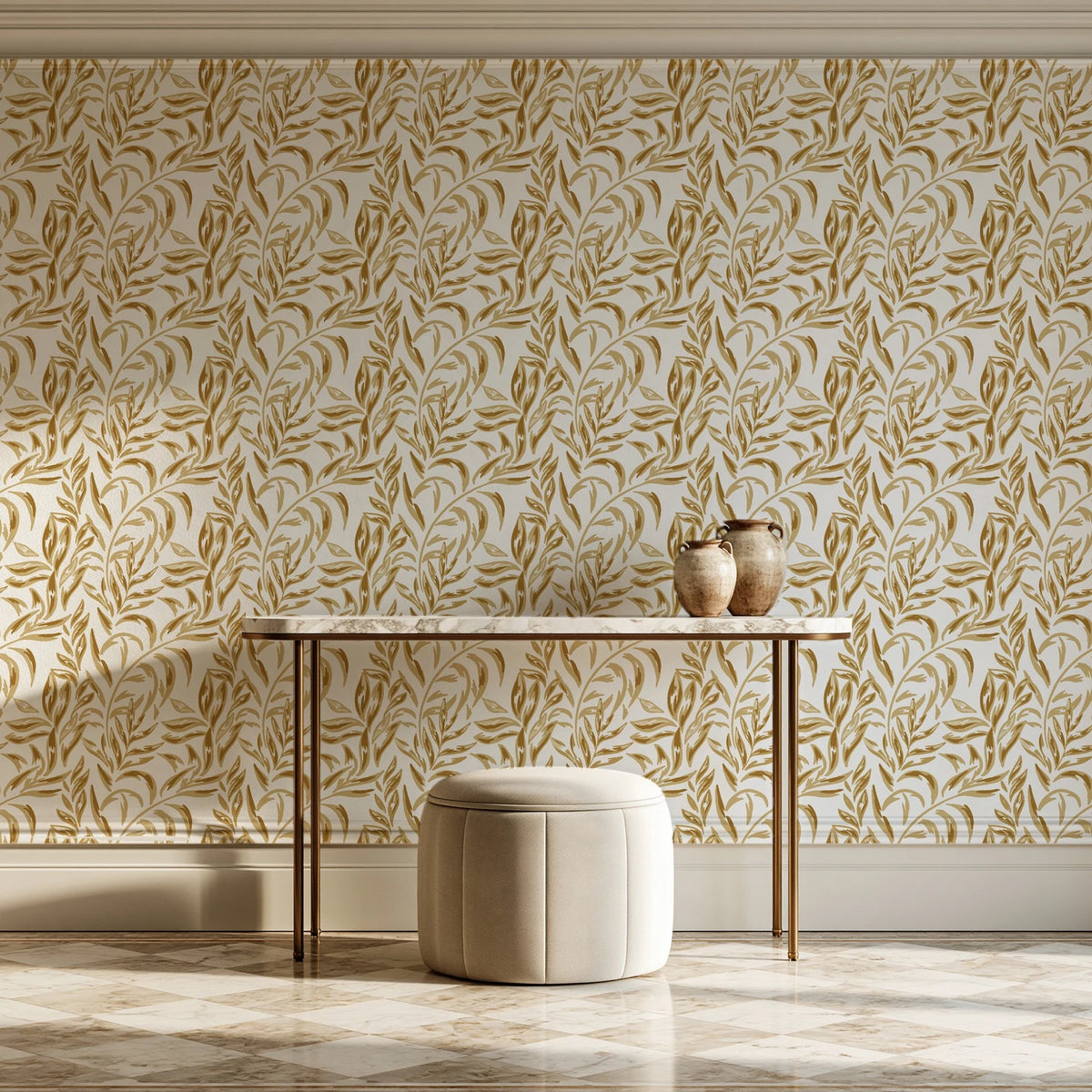 Willow Trace Ochre willow vine wallpaper on the wall of a grand entry foyer