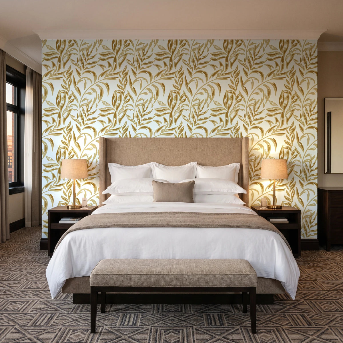 Willow Trace Ochre willow vine wallpaper behind the headboard of a king bed in a contemporary hotel guest room