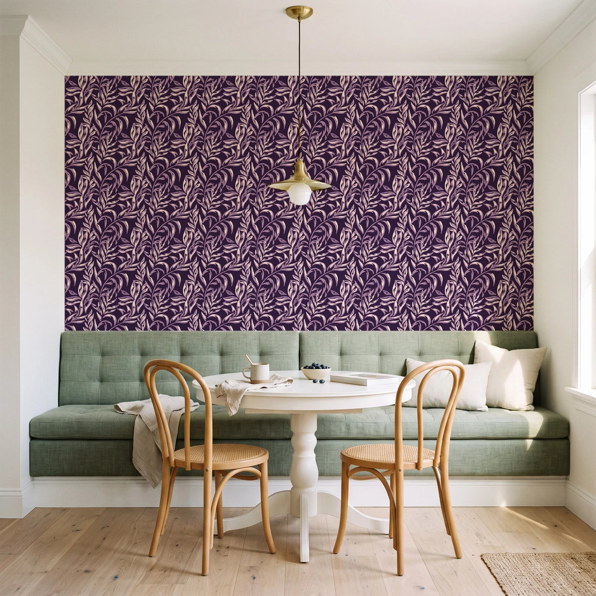 Willow Trace Plum willow vine wallpaper as a feature wall in a sunlit breakfast nook