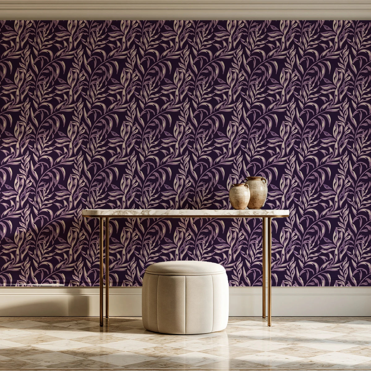 Willow Trace Plum willow vine wallpaper on the wall of a grand entry foyer